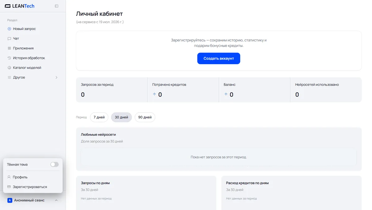 Стартовый экран платформы: выбор нейросети Copy.ai без VPN